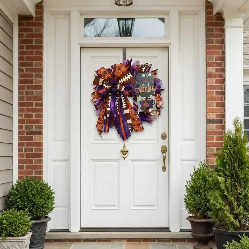 Clemson Football Wreath | ACC Tigers Door Decor | Orange Purple Mesh Game Wreath